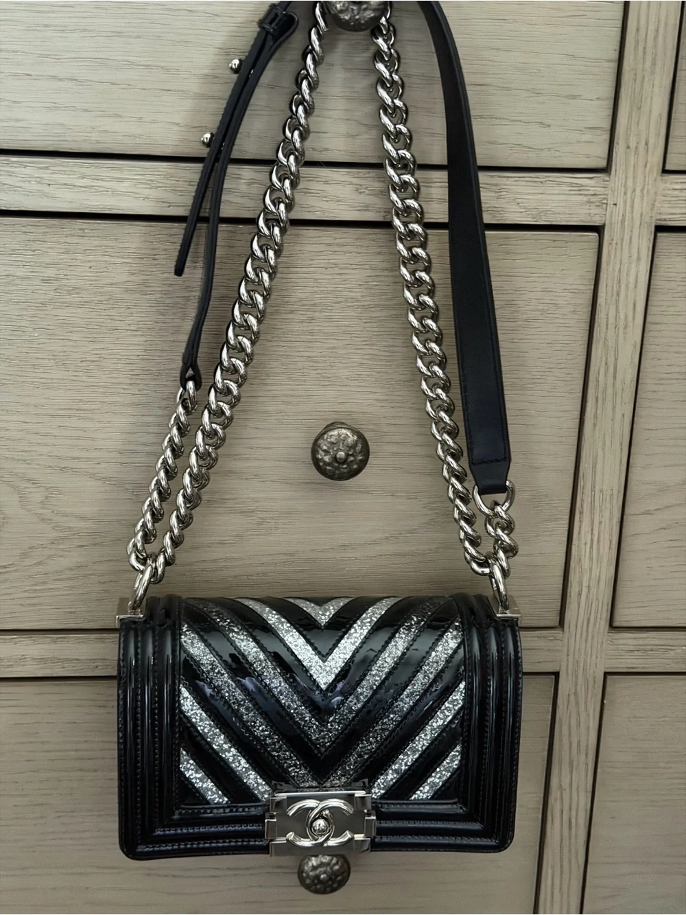 CHANEL Black & Silver Chevron Patent Glitter PVC Small Boy Bag Silver HDW